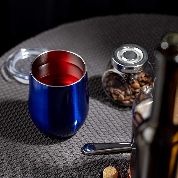 COMOOO Stainless Steel Wine Tumbler Glass Set of 4 with Lid and Straw 12oz Double Wall Vacuum Insulated Travel Tumbler Cup Stemless for Coffee Wine Cocktails Ice Cream Cup (Royal blue, 4)