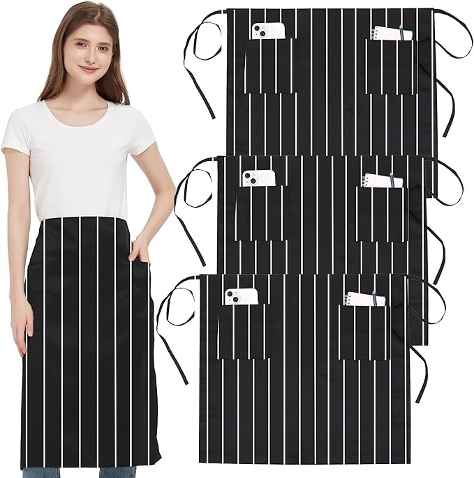 3 Pack Waist Apron with 3 Pockets, Unisex Black Waiter Aprons, Water Resistant Server Aprons for Restaurant Chef Bar