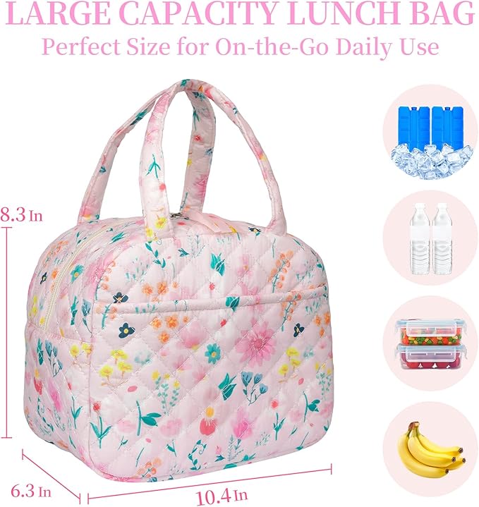 Quilted Lunch Box for Women,Lunch Box for Teen Girls,Cute Colorful Floral Lunch Bags for Work, School,Office,Picnic,Travel (Watercolor floral)