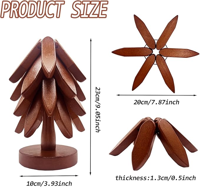 Wooden Trivets for Hot Dishes, Tree Shape Trivet Set, 4 Wooden Trivets + 1 Stand, Stackable Christmas Tree Design, Natural Foldable Kitchen Wooden Trivet, for Pans, Pot, Bowl, Teapot, Hot Pot Holder