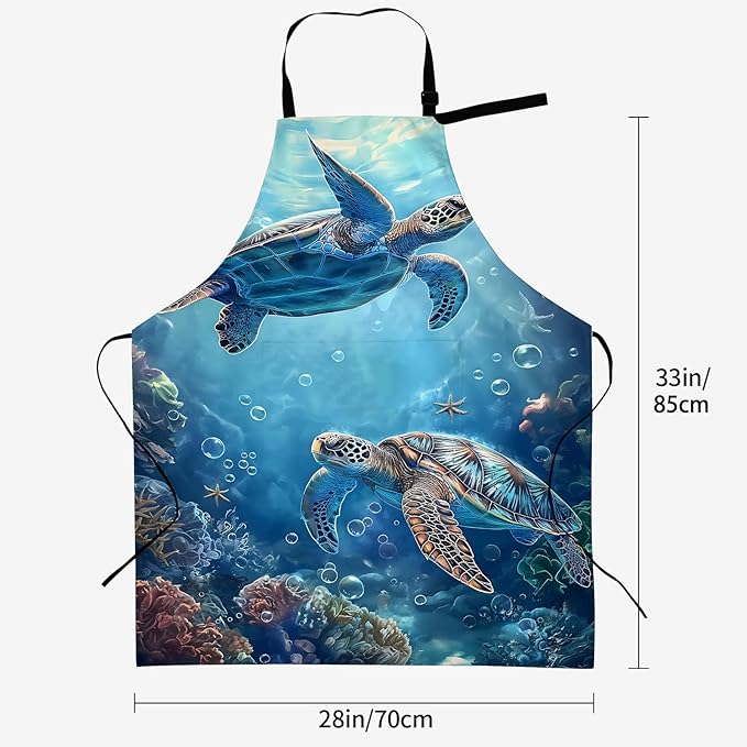 Ocean Turtle Apron for Women, 28x33in, Kitchen Chef Aprons with 2 Pockets, Polyester, Sea Turtle and Coral Reef Apron for Cooking BBQ Baking Gardening Chef, Gifts for Mom Wife Dad