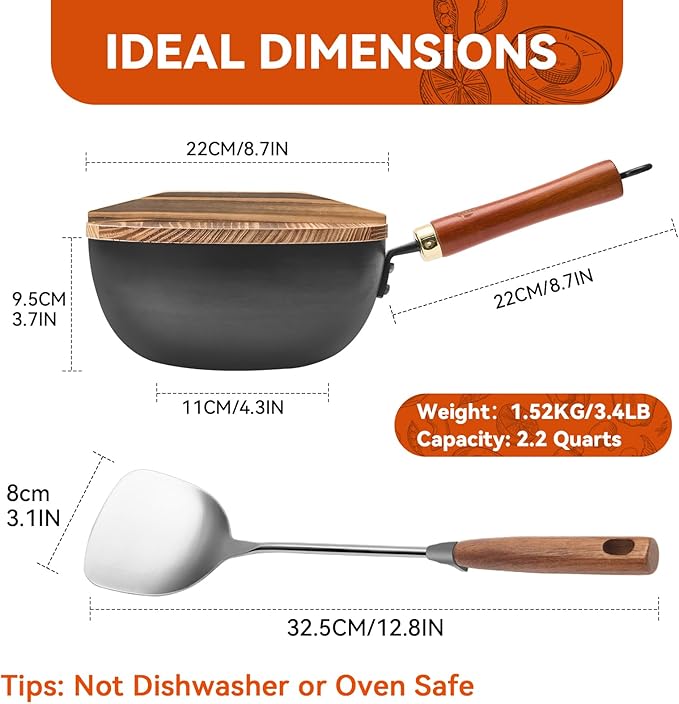 WANGYUANJI 8.6-Inch Small Iron Wok with Wooden Lid and Stainless Spatula, Deep Flat Bottom One-Person Stir Fry Pan, Coating-Free Carbon Steel Wok for Induction, Gas and Electric Stoves