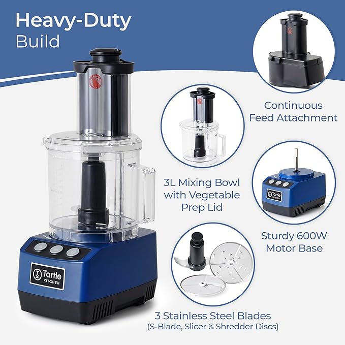 TK Tartle Commercial Food Processor - Heavy-Duty 600W Chopper, Slicer, Shredder & Blender w/Vegetable Prep Lid, Continuous Feed, 3L Mixer Bowl & Stainless Steel Blades