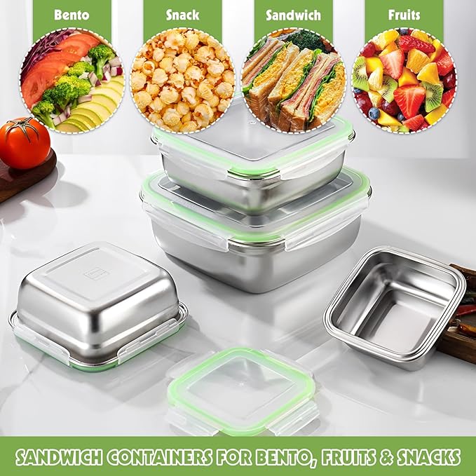 6 Pack Stainless Steel Food Storage Containers with Leak-Proof Lids, 2 Sets (12/24/40 oz) Reusable Metal Meal Prep Lunch Boxes, BPA-Free, Dishwasher Safe for Sandwich, Snacks & Fruit (2 Colors)