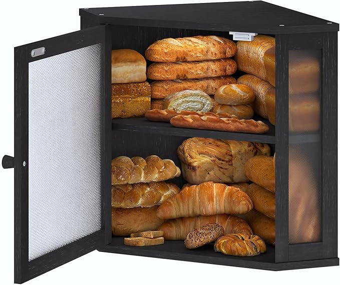 Corner Bread Box for Kitchen Countertop,Bread Storage for Homemade Bread, Double Layer Large Bamboo Kitchen Storage Bin with Window (Black, Medium)