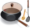 WANGYUANJI 12.6 Inch Carbon Steel Wok with Lid, Flat Bottom Uncoated Lightweight Wok Pan with Wooden Handle for Stir-Fry, Gas, Electric and Induction