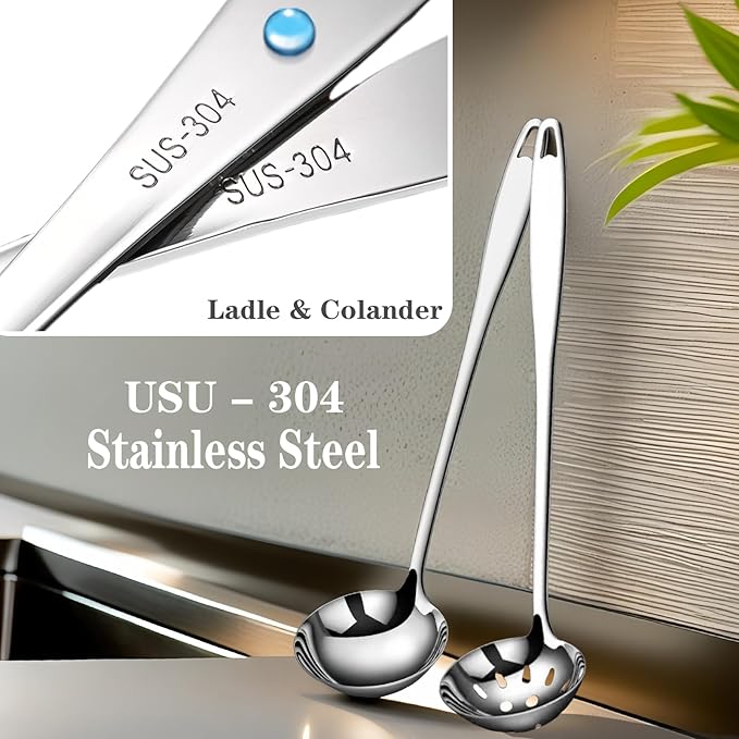 Soup Ladle Slotted Spoon Set, 304 Stainless Steel 12.2Inch Metal Ladle, Extra Large Soup Spoon with Long Handle for Serving, Cooking, Stirring, Serving Soups, Silver