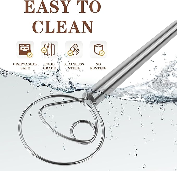 Danish Dough Whisk Stainless Steel Dough Hook Dutch Whisk for Sourdough Bread Dough Mixer Hand Wooden Handle Kitchen Whisking Mixing Tool Bread Making Tools and Supplies (Stainless Steel 1-eye)