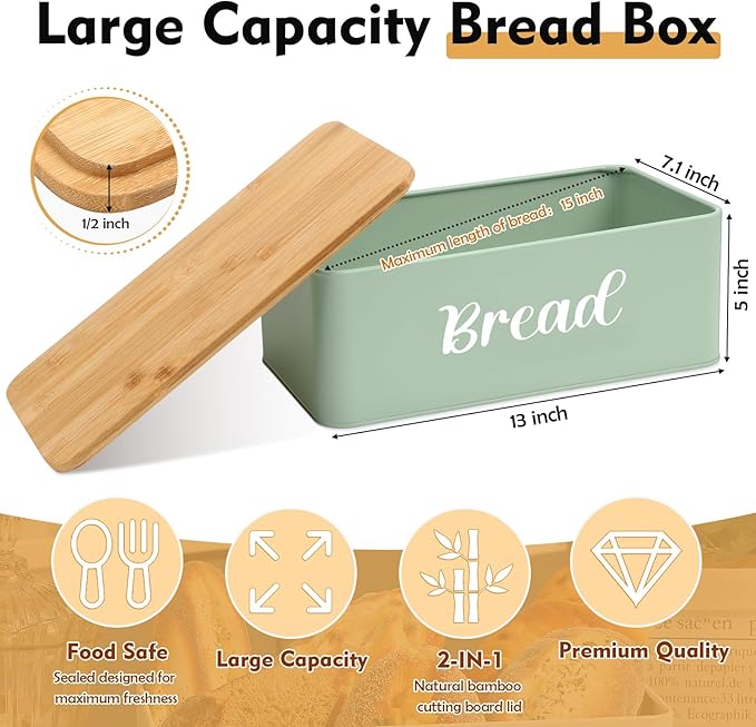 Hushee Metal Bread Box and Butter Dish with Bamboo Cutting Board Lid and Knife Bread Storage Container Breadbox for Kitchen Counter Butter Organizer for Kitchen Countertop Decoration(Sage Green)