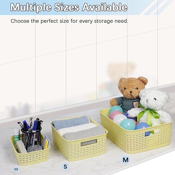 Plastic Storage Baskets for Cabinets, Household Pantry Organization with Handle,Organizer Bins for Room,Bathrooms,Under-Sink,Kitchen (Yellow, M-3PACK)