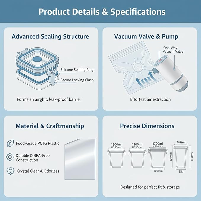 Vacuum Container,Vacuum Seal Containers,4pcs Airtight Food Storage Containers with Lids,8pcs Food Vacuum Bags/ 1pc Automatic Pump,for Kitchen and Pantry Organization (Rectangula)