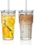 INSETLAN 20oz Clear Glass Cups & Tumbler Set with Lids & Straws – 2-Pack, Reusable Drinking Cups for Iced Coffee, Smoothies, Tea, Juice, Leak-Proof, Spill-Proof, Ideal for Home and Outdoor Use