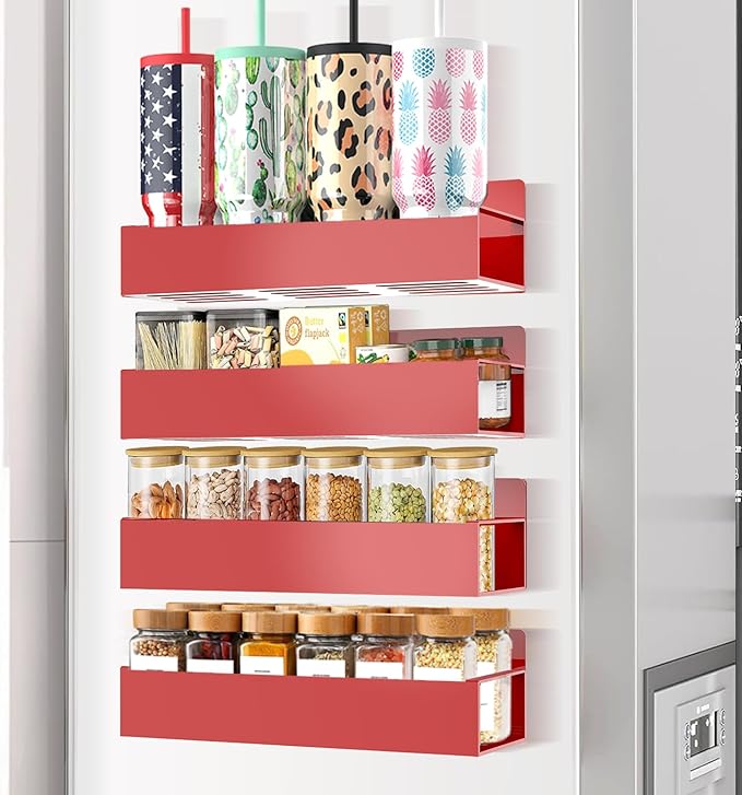 Magnetic Spice Rack for Refrigerator Seasoning Organizer for Spice Fridge Shelf storage Magnetic Shelf with Hook for Oven(4pack-Red)