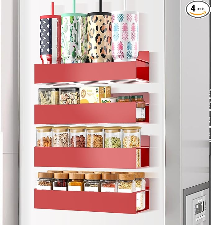 Magnetic Spice Rack for Refrigerator Seasoning Organizer for Spice Fridge Shelf storage Magnetic Shelf with Hook for Oven(4pack-Red)