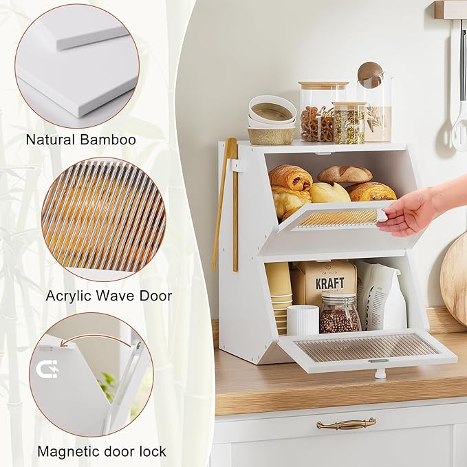 WOWLIVE Double Layer Bread Box for Kitchen Countertop, Large Bamboo Bread Storage Container for Homemade Bread, Farmhouse Bread Holder for Kitchen Counter Cabinet, Pantry, Cupboard (White, Medium)