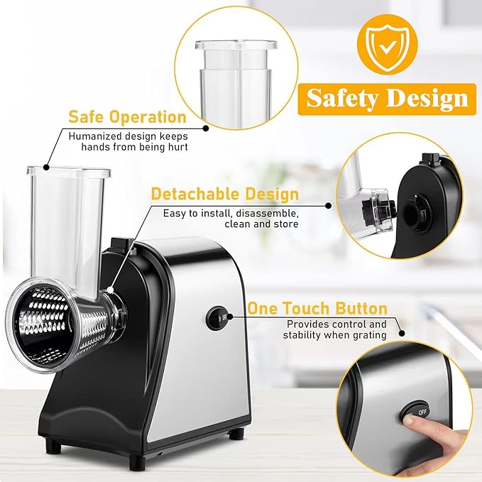 Electric Cheese Grater for Block Cheese, 5 Different Shapes of Blades for Slicing/Shredding/Grating, 250W Automatic Cheese Shredder Vegetable Slicer with One-Touch Control for Fruits, Nuts