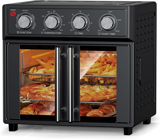 PlumChef 29.5QT Large capacity French Double-Door Air Fryer Convection Toaster Oven,1700W, 7 Preset Menus, 7-in-1 Multi-Function for Bake, Roast, Grill, Toast, Dehydrate& Defrost,Stainless Steel,Black
