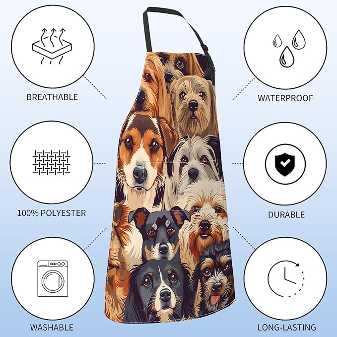 Cute Dog Face Apron for Women,28x33in,Fun Puppy Kitchen Aprons with 2 Pockets,Oxford Fabric,Playful Adjustable Apron for Cooking Baking Gardening Chef,Gifts for Mom Wife