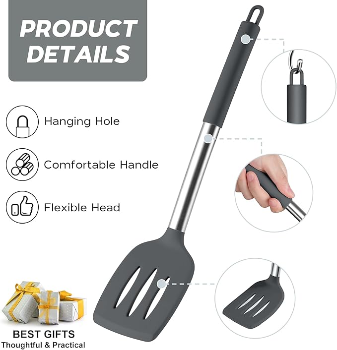 Onader Kitchen Cooking Utensils Set of 15, Silicone and Stainless Steel Utensils Spatula Set with Holder, Heat Resistant & Dishwasher Safe - Grey