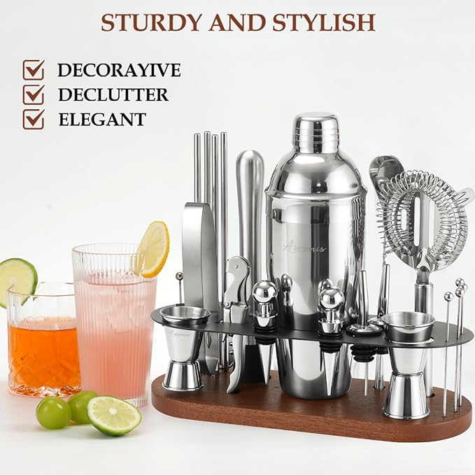 23-Piece Bartender Kit, Cocktail Shaker Set with Stand | Bar Drink Mixer Set with All Essential Bar Tools: Martini Shaker, Jigger, Strainer, Pourers, for Home, Bar, Party (Brown-y)