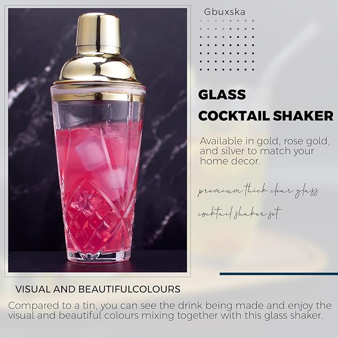 Cocktail Shaker Set - Glass Mixed Drink Shakers Cocktail Set, Martini Shaker with Strainer for Bars, Whiskey, Cocktails (Gold Set)