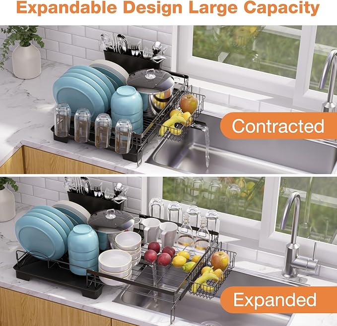 Extendable Dish Drying Rack, Drying Rack with Automatic Drainboard, Dish Drainers for Kitchen Counter, Anti-Rust Dish Drainers with Cup Holders & Utensil, Black