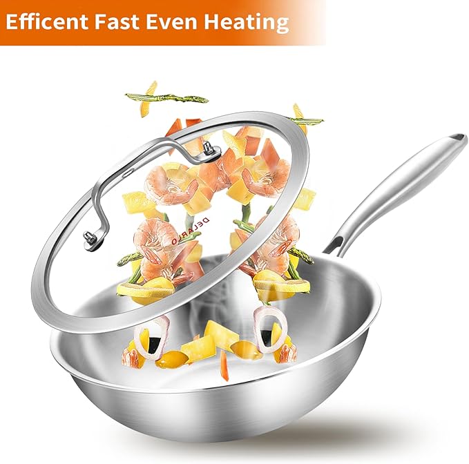 DELARLO Whole Body Tri-Ply Stainless Steel Pan 9.45 inch, Stainless Steel Woks & Stir-Fry Pans, Deep Kitchen Small Wok Pan with Lids, Induction Mini wok 9.45", Suitable for All Stove, Up to 650℉