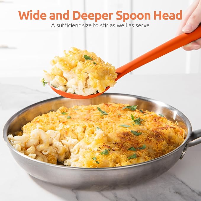 600ºF Heat Resistant Slotted Spoon: U-Taste 13.3in Solid Kitchen Cooking Spoon, Nonstick Food Grade Large & Long Rubber Utensil for Mixing, Serving, Stirring, Basting, Frying, Draining (Orange)