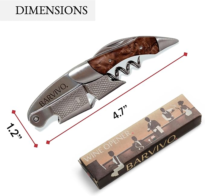 Barvivo Bai Ying Opener with Foil Cutter Knife and Cap Remover, Double Hinged Manual Wine Key for Bartenders, Servers, Waiters, Stainless Steel Wine Bottle Opener Corkscrew