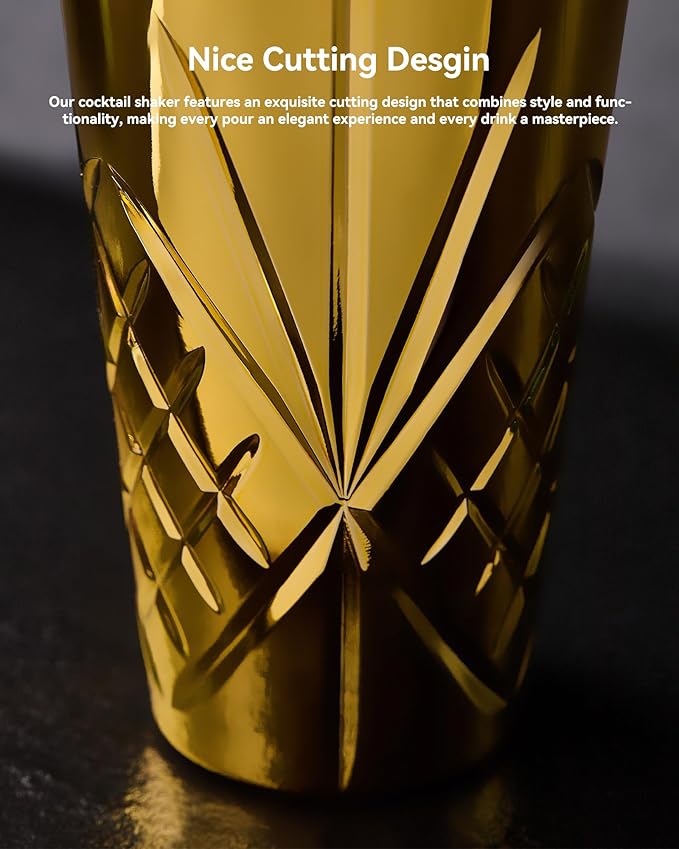 Crystal Cocktail Shaker W/Cutting &Gold Design - 18.5oz-Jumbo Martini Shaker for Elevated Mixology. for Espresso Coffee, Motcha, Mocktail, No Cold Hands. Christmas, Holiday, HomeBar, Parties