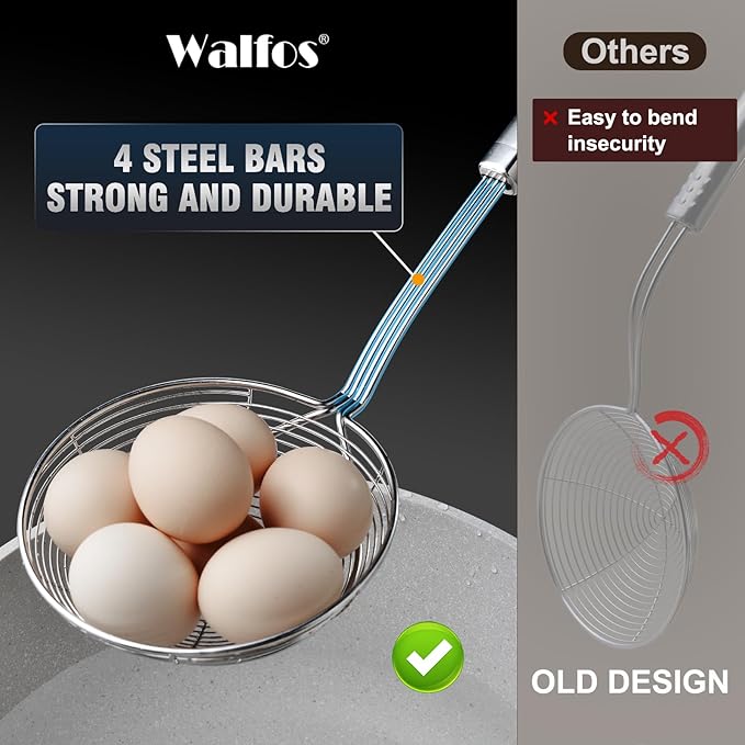 Walfos Spider Strainer, Set of 2-5.5 Inch Stainless Steel Fryer Scoop & 4 inch Fat Skimmer Spoon, Kitchen Spider Skimmer Strainer With Handle, For Cooking Deep Fryer, Pasta, Egg,Fat