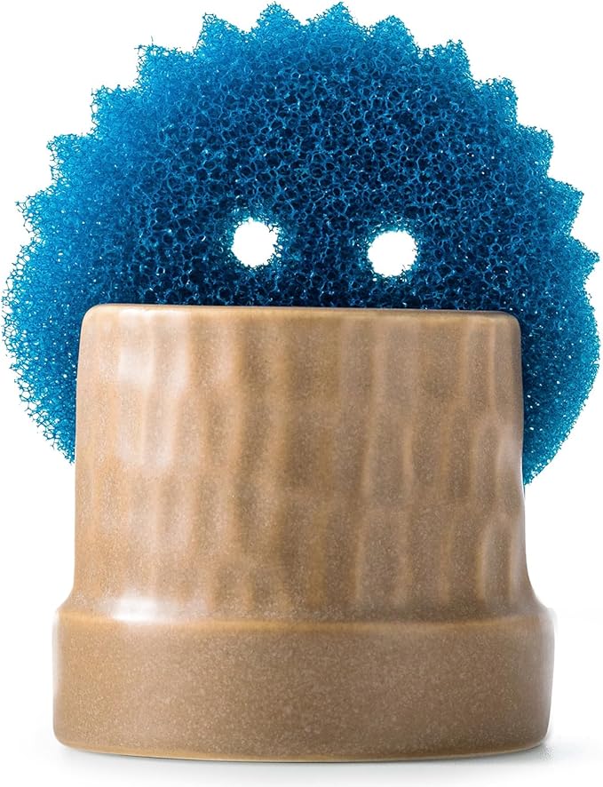 Sponge Holder for Kitchen Sink, Ceramic Sink Caddy Scrub Sponge Tray Dish Rack for Scrubbers, Kitchen Organizer, Brown