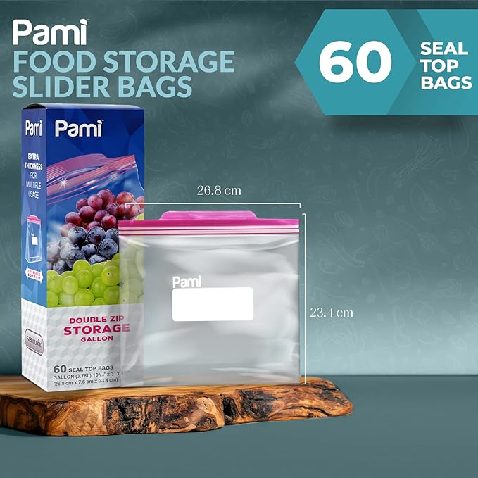 PAMI Leakproof Reusable Double Zip Sandwich Bags with Expandable Bottom and Write-On Label, Food Storage Zipper Bags (Gallon 60 Clear)