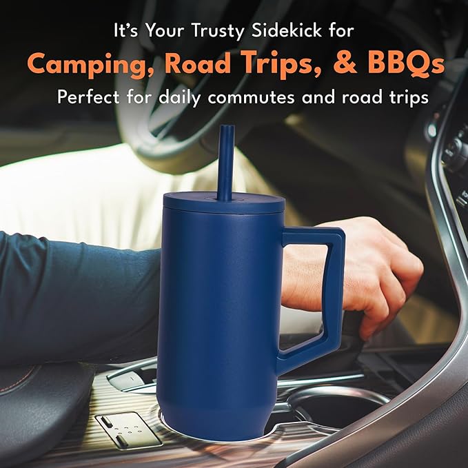 Elemental 40 oz Tumbler with Handle and Straw - Spill Proof Insulated Stainless Steel Commuter for Hot and Cold Beverages - Travel Coffee Mug with 2 Straws & Spill Proof Lid - 40oz - Navy Blue