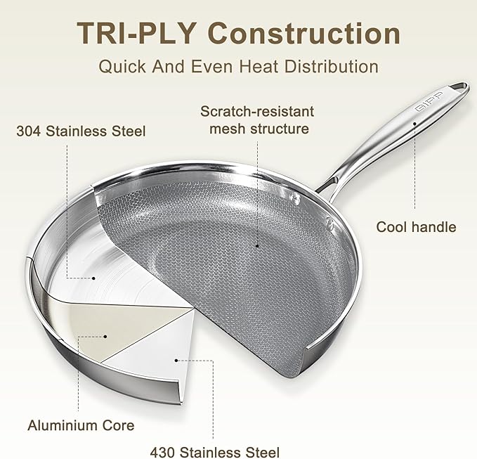 GiPP Tri-Ply Stainless Steel Frying Pan, 10 inch Hybrid Frying Pans Nonstick Skillets, Dishwasher and Oven-Safe, Induction Ready, Compatible with All Cook tops, PFOS/PFOA Free