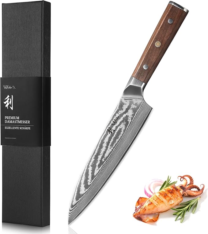 Wakoli HIK Damascus Chef Knife – Full Tang Kitchen Knife | 8-Inch Blade Made of 67-Layer Damascus Steel with VG10 Core | Walnut Wood Handle | Sharp, Durable, Gift Box Included