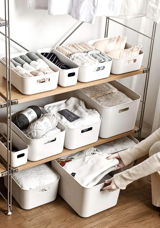 Plastic Storage Bins,Versatile Kitchen Pantry Organization and Storage,for Plastic Storage Container Under Bed,Under Sink Bathroom Organizer (2 Pack Narrow, White)
