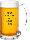 12 Libbey Beer Mugs Set, 12 oz. - Customizable Text, Logo - Groomsmen Glassware - Clear