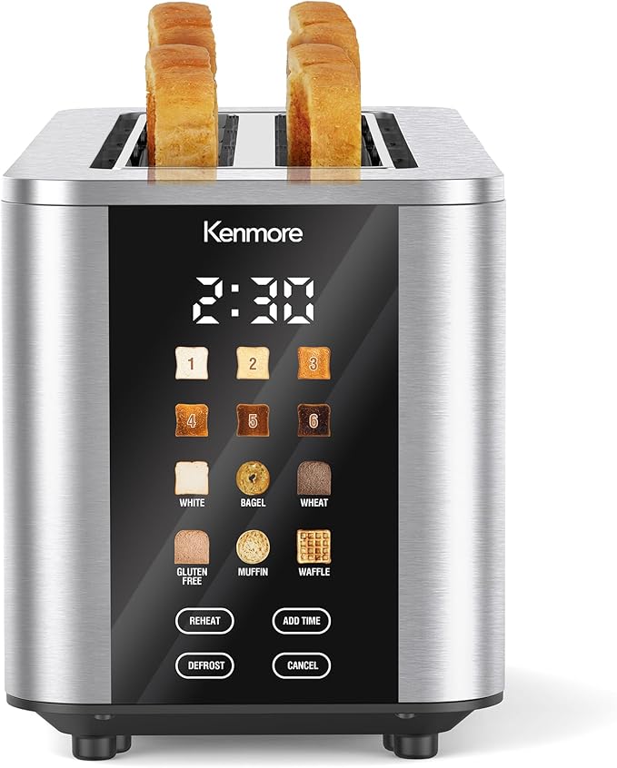 Kenmore 4-Slice Long Slot Toaster | Color Touch Screen & 6 Shade Settings | Extra Wide Slots | Digital Timer | Customizable Smart Presets | Reheat, Defrost, Add Time Functions | Stainless Steel