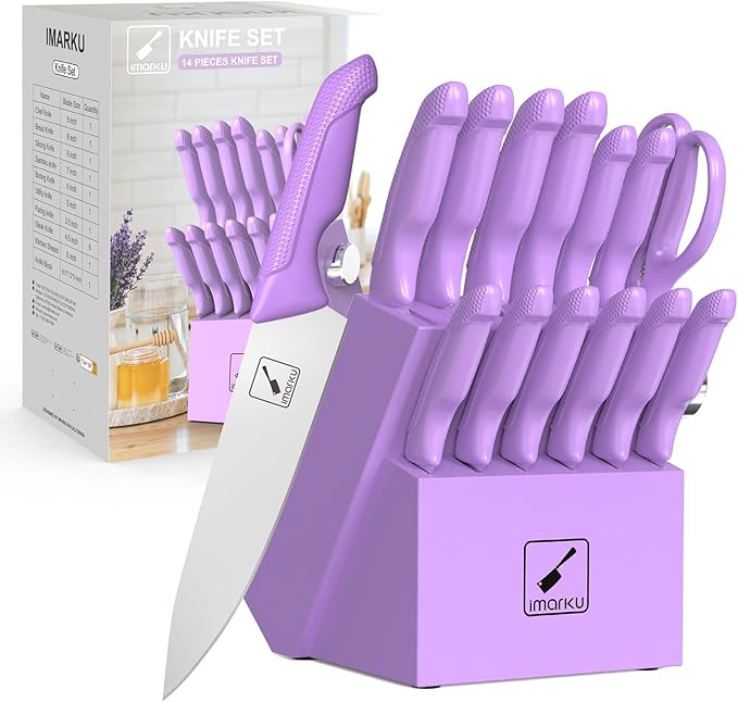 imarku 14-Piece Knife Set with Block, High Carbon Stainless Steel Kitchen Knives with Built-in Sharpener, Ergonomic Non-Slip Handle, Perfect for Home Cooks & Chefs, Purple