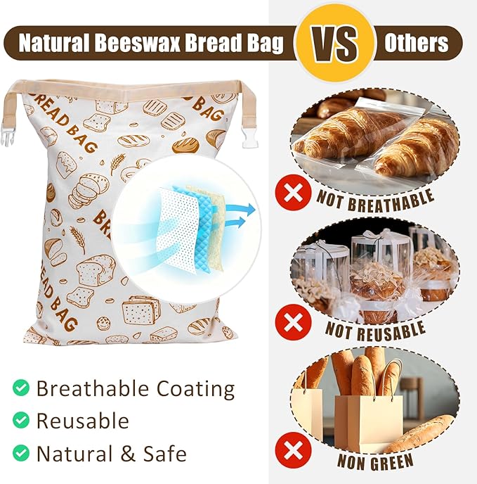 1 Pack Beeswax Bread Bags for Sourdough Reusable Bread Bags Food Storage Bag Large Capacity Portable Freshness Preservation Homemade Sourdough Bread Storage Bag