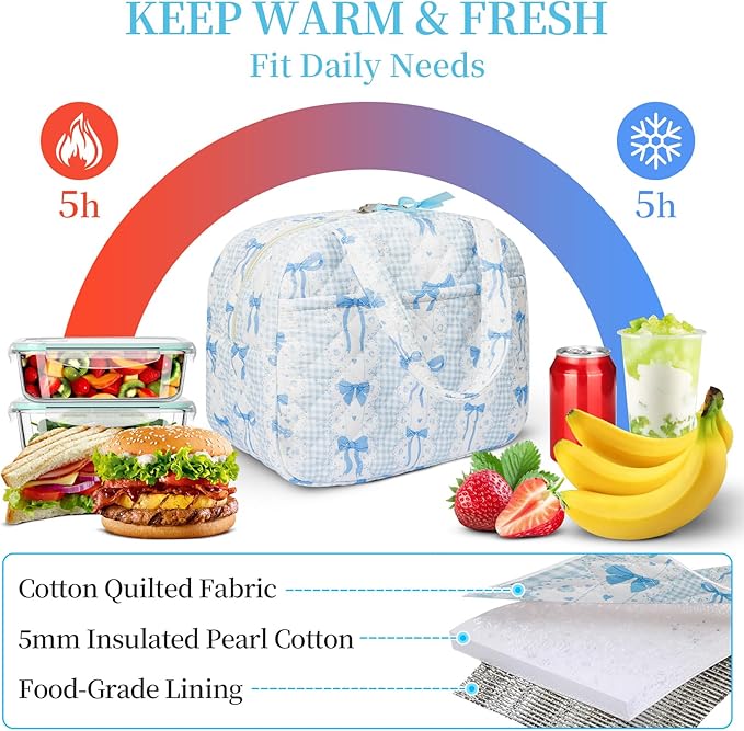 Quilted Lunch Box for Women,Lunch Box for Teen Girls,Cute Blue Bow Lunch Bags for Work, School,Office,Picnic,Travel (Blue Bow)