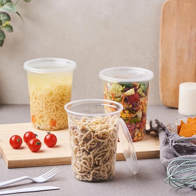 [42 Sets - 32 oz. Plastic Deli Food Storage Soup Togo Containers With Airtight Lids Clear Disposable Takeout Quart Container (Formerly FULING)