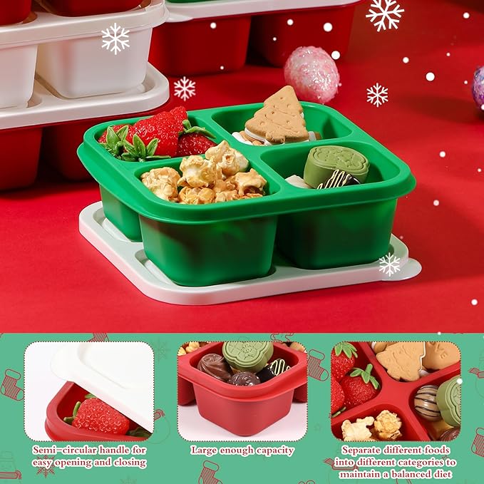 Honeydak 10 Pack Snack Container 4 Compartment Reusable Bento Snack Boxes Divided Lunchable Containers with Lids Meal Prep Lunch Food Storage Boxes for School Work Travel(Christmas Color)