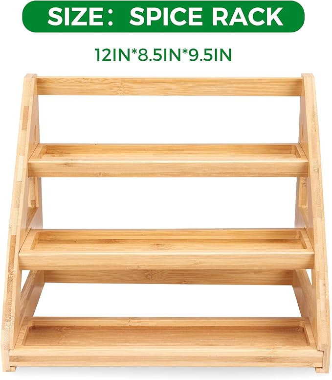 Spice rack,3-Tier Bamboo Spice Rack Organizer for Kitchen, Countertops & Pantries - Space-Saving Tiered Spice Rack