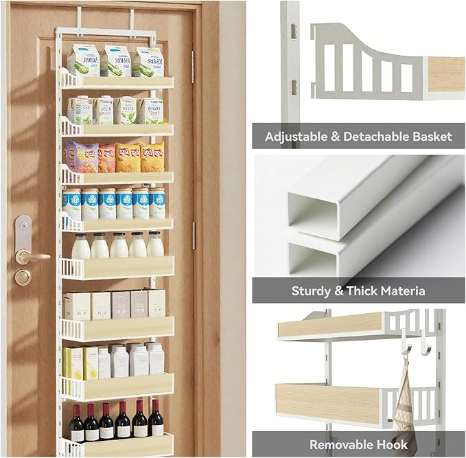 Over the Door Pantry Organizer, 8-Tier Door Organizer Hanging, Spice Rack with Adjustable Baskets, Heavy Duty Door Organizer for Kitchen Storage Metal Hanging for Laundry Bathroom Bedroom, White