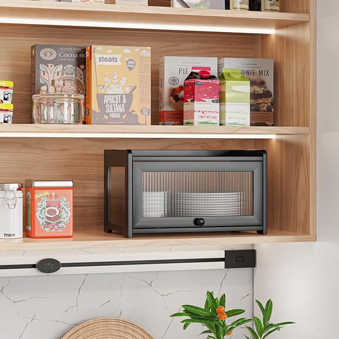 BAMBANG Bamboo Bread Box for Kitchen Counter, Large Capacity Bread Storage Container Farmhouse Bread Box with 3 Sides Wavy & Back Clear Window, Breadbox Bread Bin Holder for Homemade Bread, Black