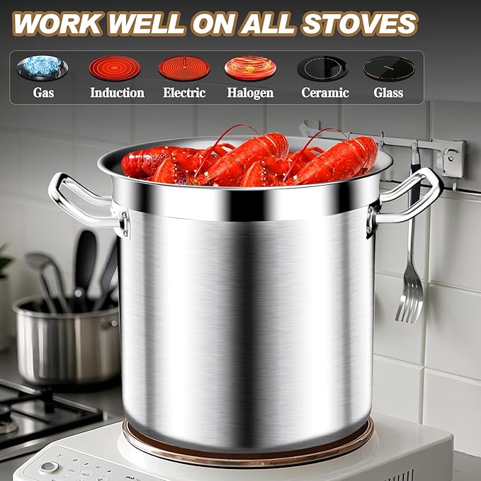 35Qt Brushed Stainless Steel Stock Pot With Lid - Large Stock Pot - Heavy Duty Induction Commercial Grade Stockpots for Soup, Stew, Oven, Gas, Ceramic, and Dishwasher Safe
