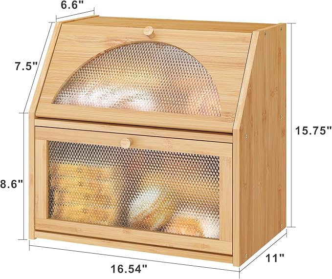 Extra Large Bread Box for Kitchen Counter, Bamboo Wood Double Layer Bread Box for Kitchen Counter, Wooden Capacity Bread Storage Bin