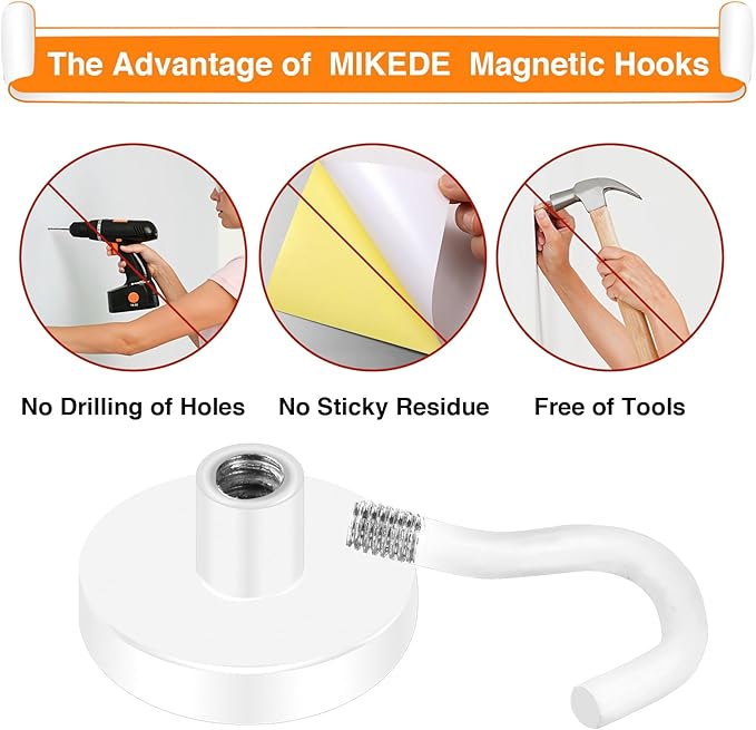 MIKEDE Magnetic Hooks, 50LB+ Heavy Duty Magnet Hooks for Cruise Cabins, Super Neodymium Hanging Hooks White Strong Magnets with Hook for Fridge, Magnetic Hanger for Grill, Toolbox - Pack of 4